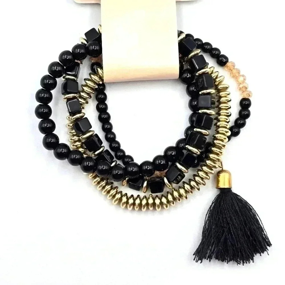 Black Gold Bead Bracelet Tassel Set Fashion Jewelry B9